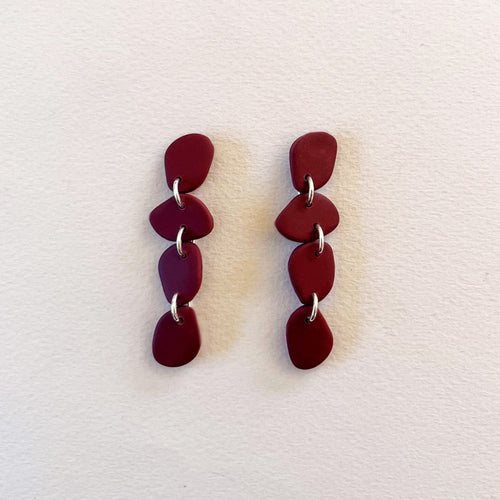 Dark, Shaded, Merlot Red Bordeaux Organic Shaped Statement Earrings handmade from polymer clay.