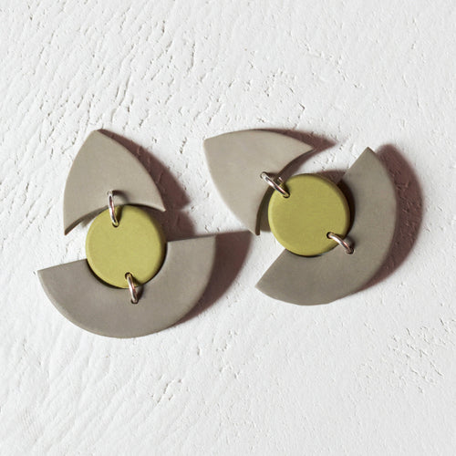 RHEA statement earrings handmade from polymer clay by Vertseas in moss colour.