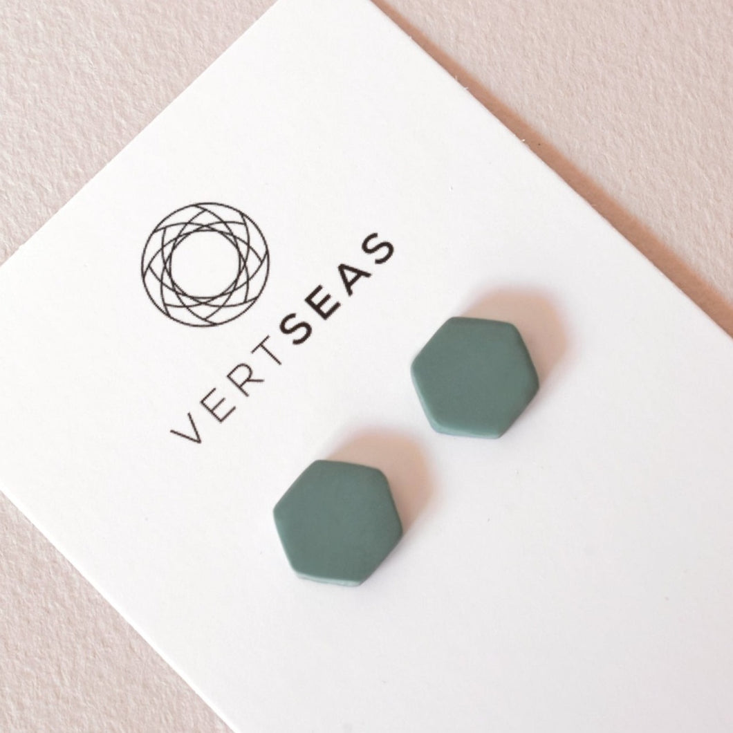 Sage green hexagon stud earrings handmade from polymer clay by Vertseas